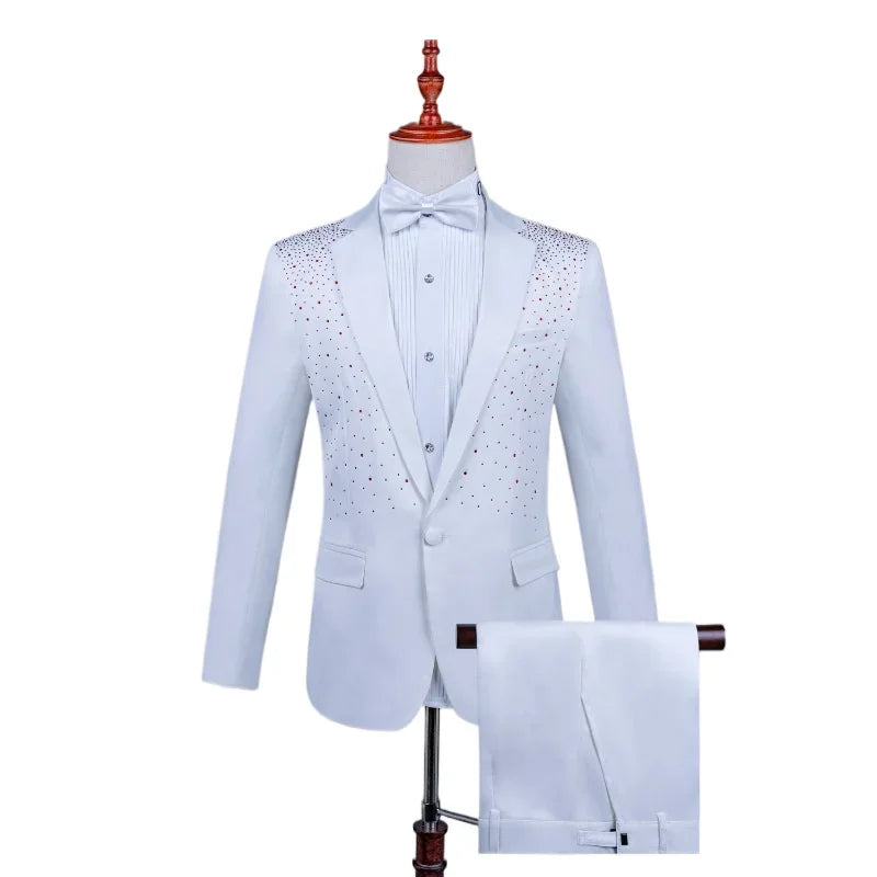 2025 New Black and White Hot Diamond Suits for Men 2-piece,Male Group Chorus/Singer Host/Anchor Dress Performance MC Blazer+Pant