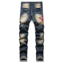 Vintage Blue Ripped Tiger Head Embroidered Men's Jeans Mid-waist Slim Fashion Pencil Pants Street Trend