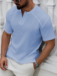 1PCS Mens Linen Short-Sleeved Shirt Top Round-Neck Pullover Casual Solid Color Henry Collar T-Shirt with Buttons Fashion Hippie