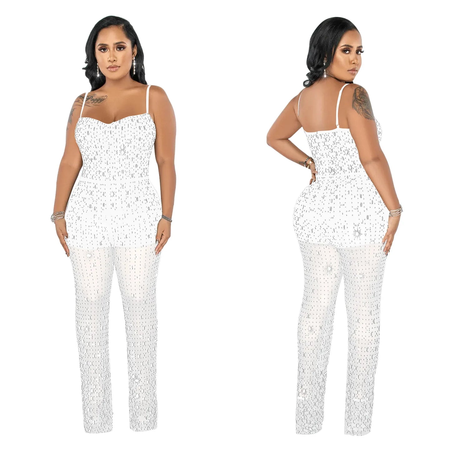 Sexy Rhinestone Mesh Jumpsuit Sleeveless See Through One Piece Outfits For Women Night Club Wear Rompers Party Bodycon Jumpsuits