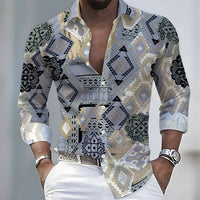 2026 Spring/Autumn New Men's Light Luxury Baroque Style Long-Sleeved Shirt with Color-Blocked Geometric Print Lapel Cardigan