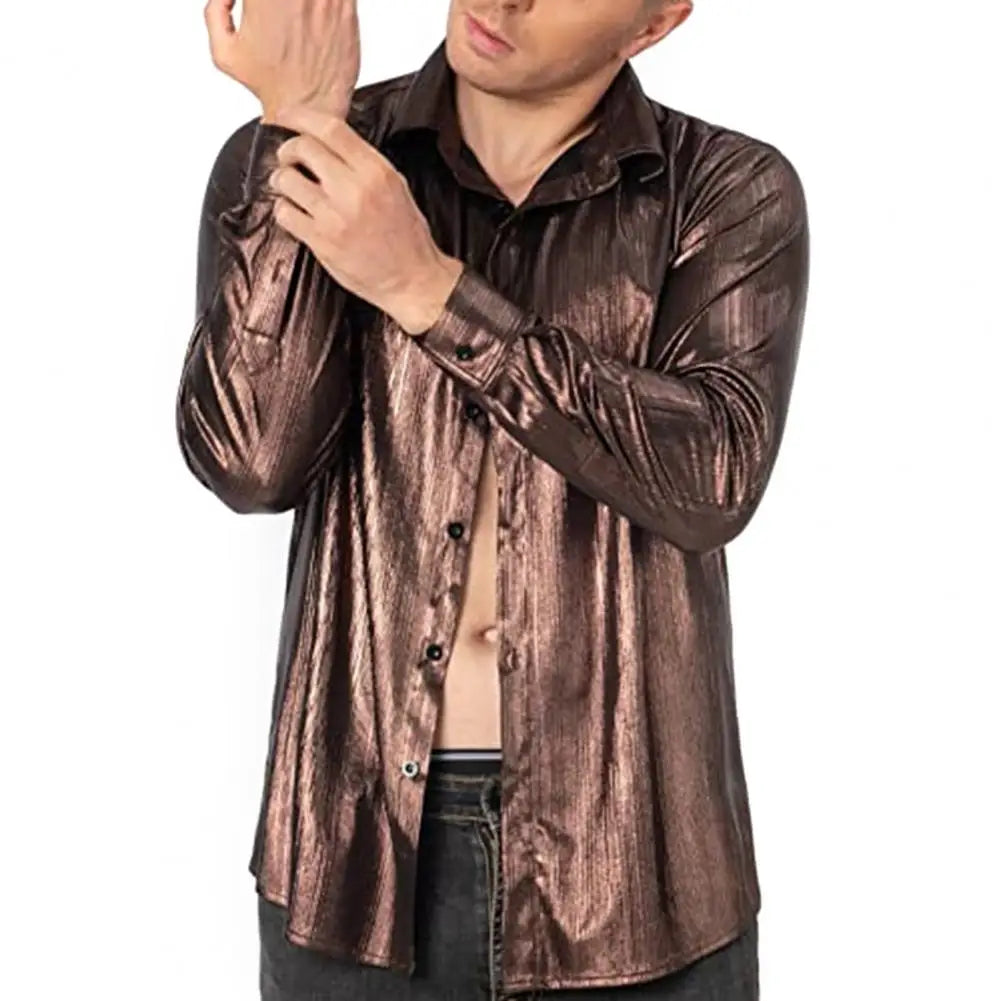 2025 Shirt Men Button Metallic Disco Shirt 70s Costume Men Gold Shirts For 70s Party Nightclub Wear Music Festival Men's Top
