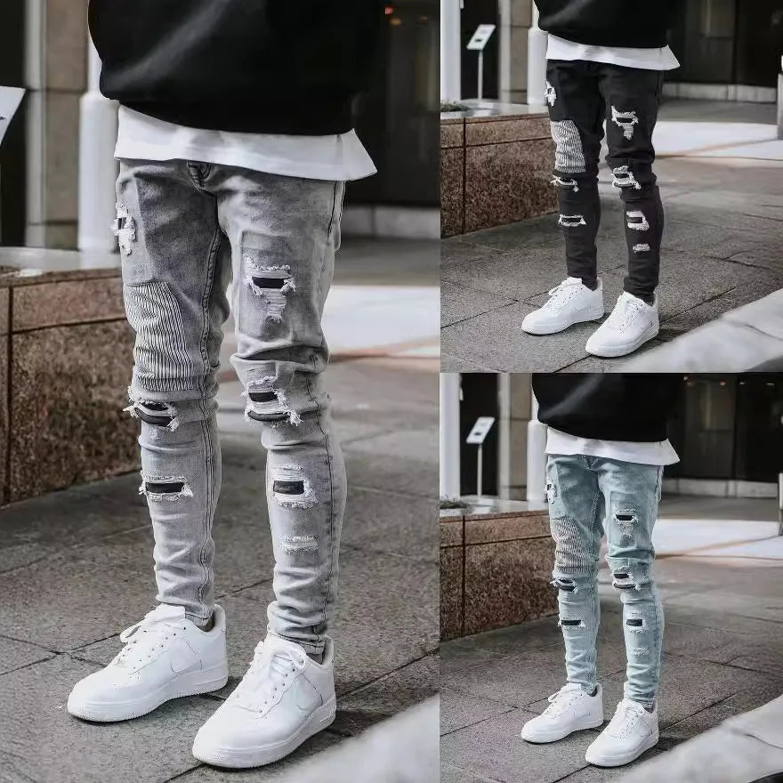 2025 New Men Light Blue Distressed Ripped Stretch Skinny Jeans Slim Fit Trendy Casual Long Pants Multi Color Options
