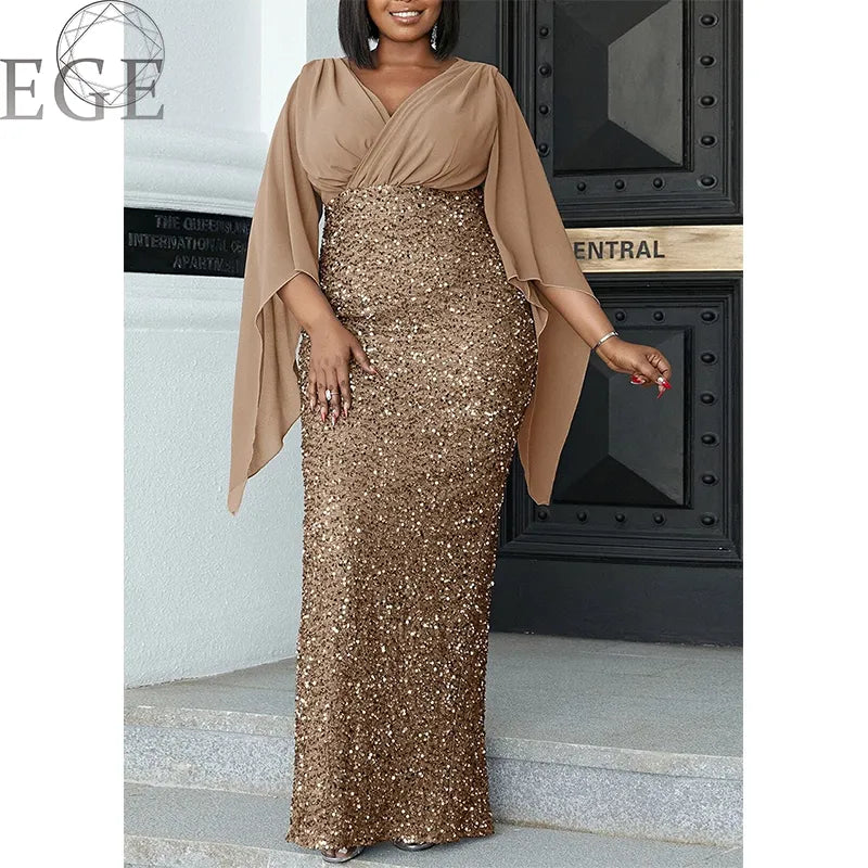 2023 Plus Size Luxury Dress Shiny Chiffon Loose Sherfang Plus Size Elegant Banquet Midi V Neck Dress