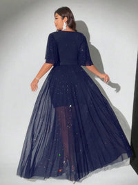 New Plus Size Sexy Deep V-Neck Mesh sequins A-line Hem Stitching Lining Dress Retro Flared Sleeve High Slit Skirt Evening Dress