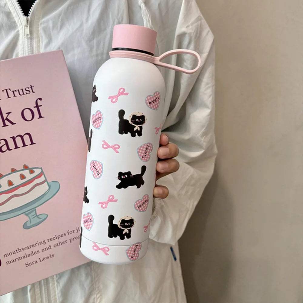 Stainless Steel Bow Cat Thermal Cup Leakproof Large Capacity Coffee Cup 500ml Vacuum Insulated Cup For Keeping Iced Coffee Tea