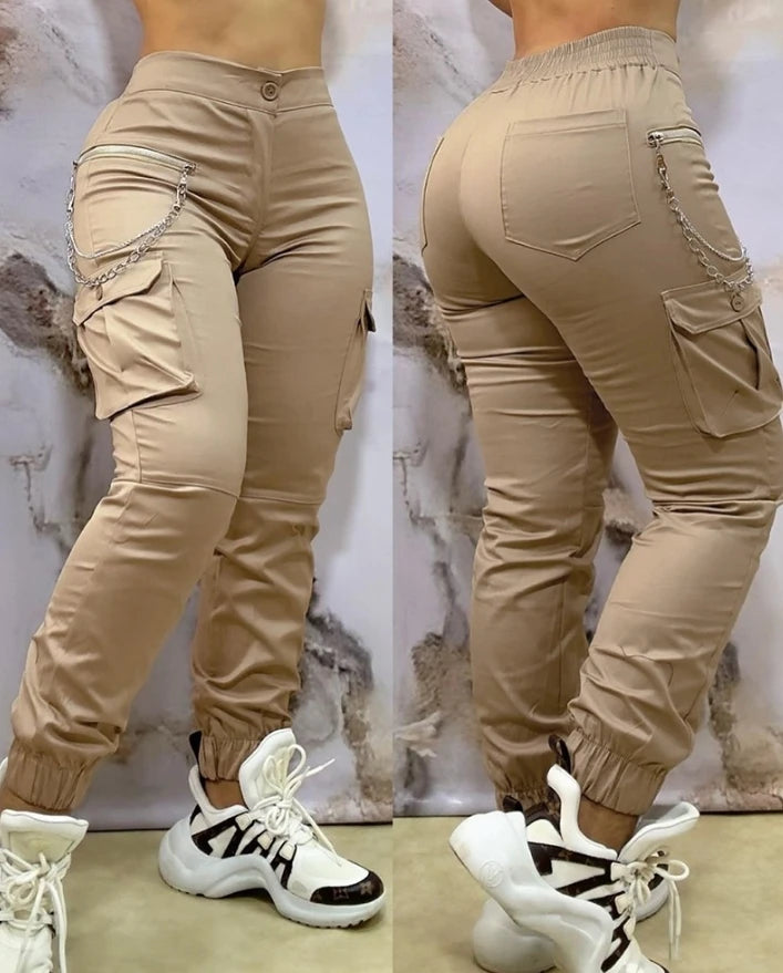 Women's Pants 2024 Autumn Winter Fashion Casual Work Pants Chain Decor Pocket Design Cuffed Cargo Pants Shipped Within 48 Hours