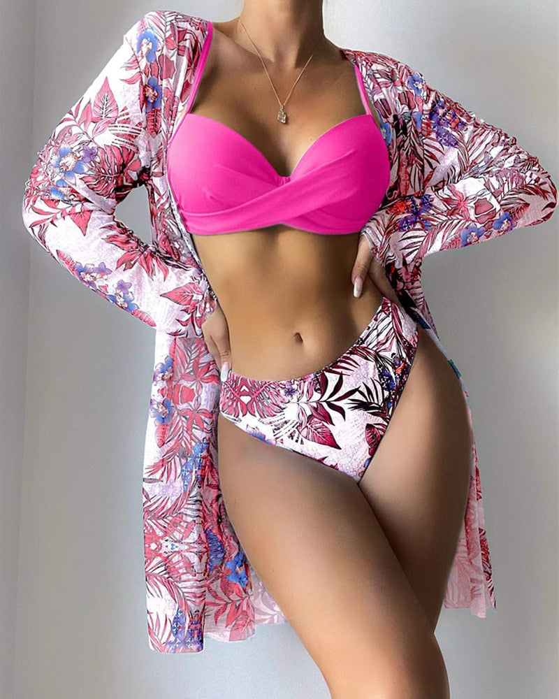 2 pieces Women's three piece swimsuit new mesh cardigan split bikini print