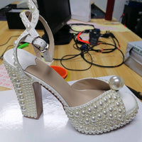 2021 Sexy Pearl Platform Sandals Women Open Toe Rhinestone Diamond Square High Heels Shoes