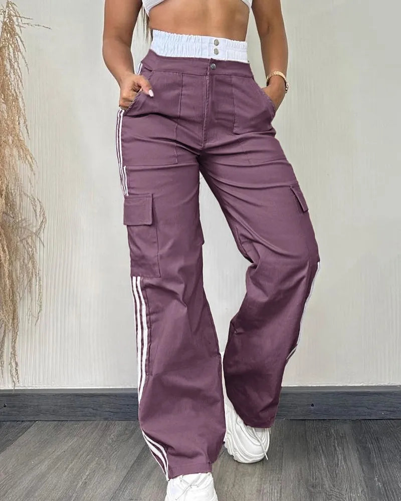 High Waist Stretchy Cargo Pants with Striped Tape Patch Shirred Design And Pockets for Women
