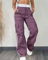 High Waist Stretchy Cargo Pants with Striped Tape Patch Shirred Design And Pockets for Women