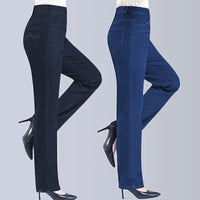 Middle-aged Women's Jeans Spring Autumn High Waist Solid Color Denim Pants Large Size Loose Female Straight Casual Cowboy Pants
