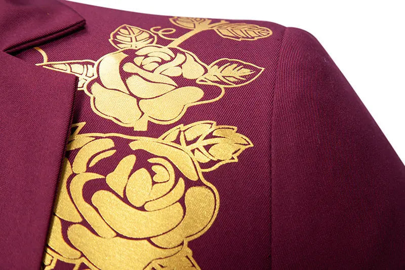 Metal-printed Men's Long-sleeved Suit Jacket, White V-neck Blazers, Wine Red Wedding Party Performance Coat.European Sizes M-3XL