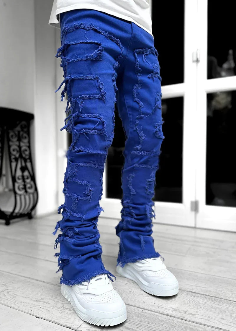 2025 Men Ripped Stacked Jeans Distressed Slim Fit Skinny Straight Leg Jeans Fashion Hip Hop Denim Pants Casual Streetwear