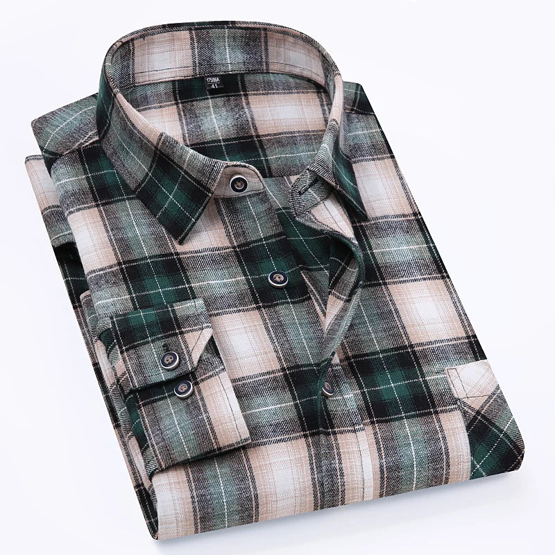 S-11XL Plaid Flannel Shirts For Men's Long Sleeve Cotton Fashion Design Young Casual Standard-Fit Thick Man Shirt Blouse Clothes
