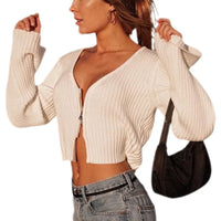 Women Knitted Tees Cropped Solid Long Sleeve Zipper Closure Knitted Tops Sweater Top Cloth Casual Outwear Simple Tops Streetwear