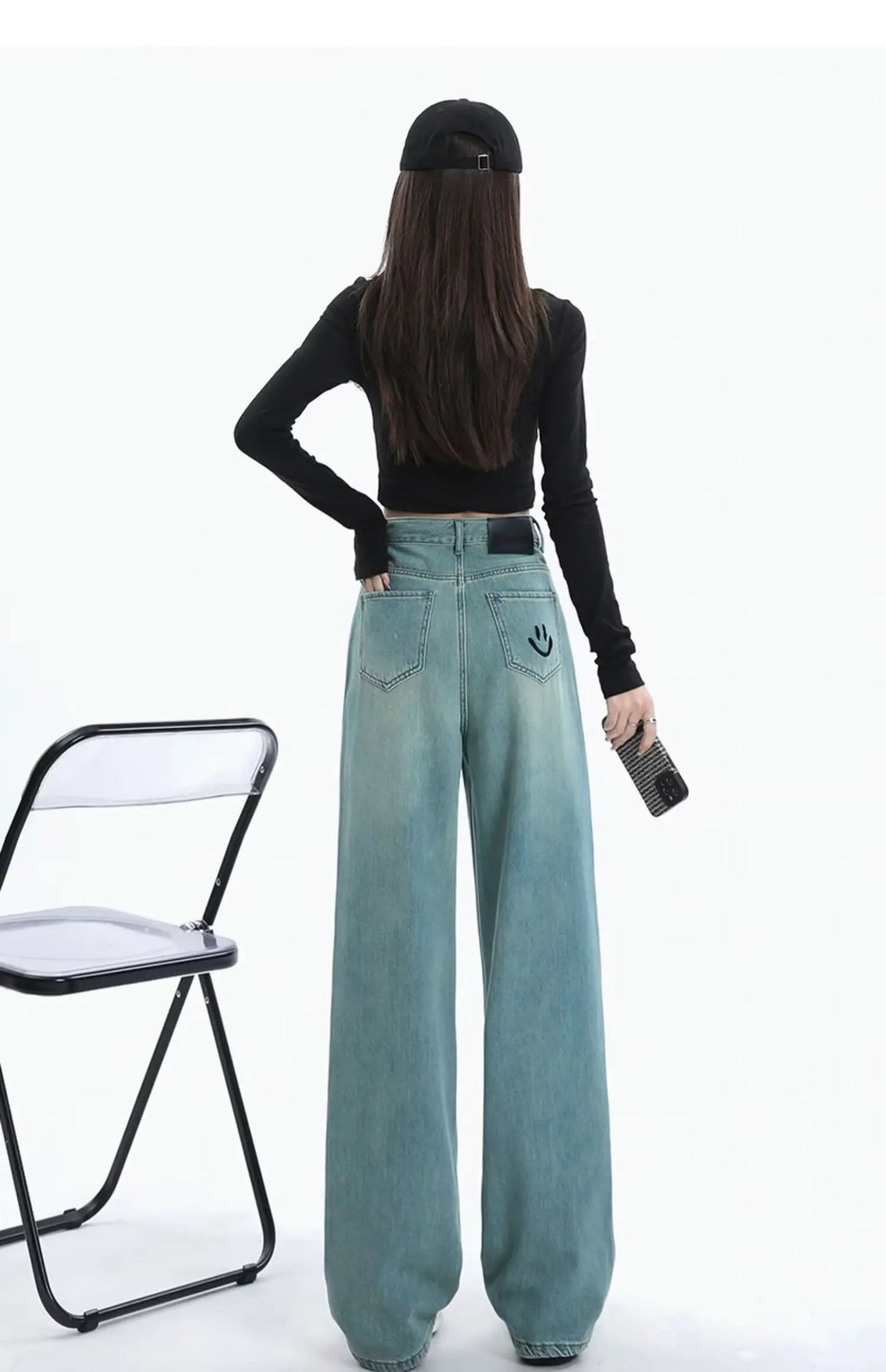 Women Comfortable Thin Denim Pants New Female Vintage Mid Waisted Jeans Pants Girls Smile Edition Straight Leg Jeans Trousers