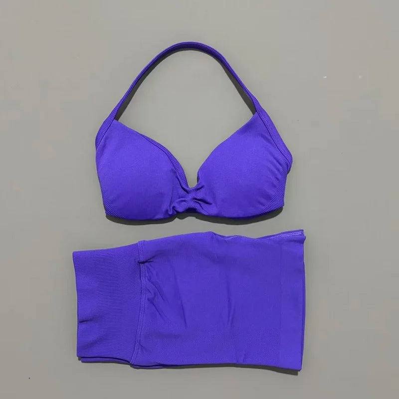 2 Piece Sport Set Women Seamless Yoga Tank Bra High Waist Scrunch Bum Gym Shorts Sets Fitness Running Workout Suit