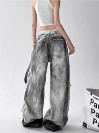 Women Jeans Pants American High Street Ripped Straight Wide-Leg Jeans For Women Design Tie-Dye Jazz Dance Cargo Full Thin Jeans