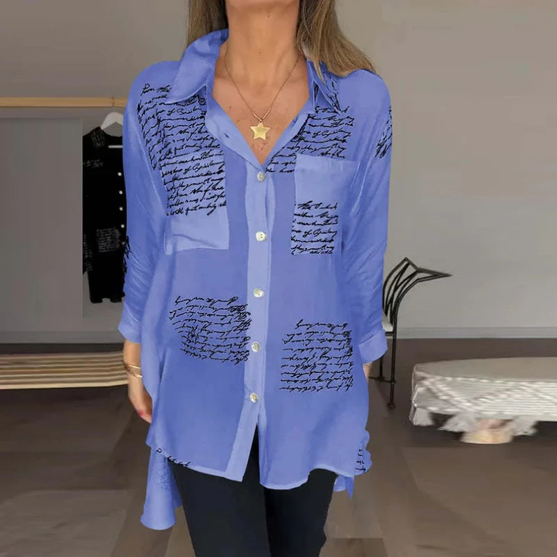 Women Fashion Button Shirt Blouses 2024 Turn Down Collar Long Sleeve Letter Print Shirts For Women Casual Loose Office Shirts