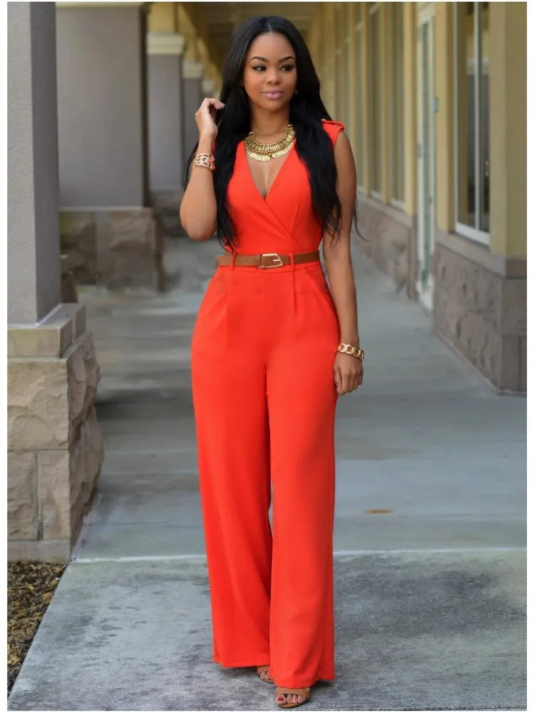 Women's Sexy Deep V Neck Sleeveless Solid Color Jumpsuit Fashion Slim Wrap Hip Elegant Female  Party Office Jumpsuit (with Belt)