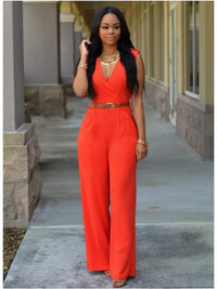 Women's Sexy Deep V Neck Sleeveless Solid Color Jumpsuit Fashion Slim Wrap Hip Elegant Female  Party Office Jumpsuit (with Belt)