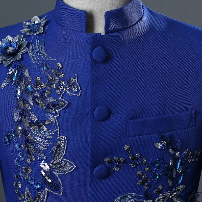 New Men Chinese Style Standing Collar Flower Suit Black / Red / Blue Fashion Homme Wedding Dance Party Dress Blazers and Pants