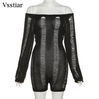 Vsstiar Sexy Hollow Out One Piece Women Playsuits Hipster Long Sleeve Backless Knitted Rompers See Through Summer Party Jumpsuit