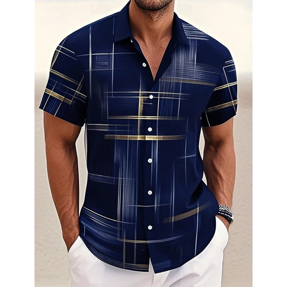 Men's Geometric Plaid Button Shirt Casual Fashion Outdoor Vacation Street Trend Turndown Shirt 3D Printed Short Sleeve Shirts