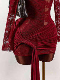 Red Lace Bodycon Mini Dress with Long Sleeves, Ruched Bust & Drawstring Hem for Party Night Club