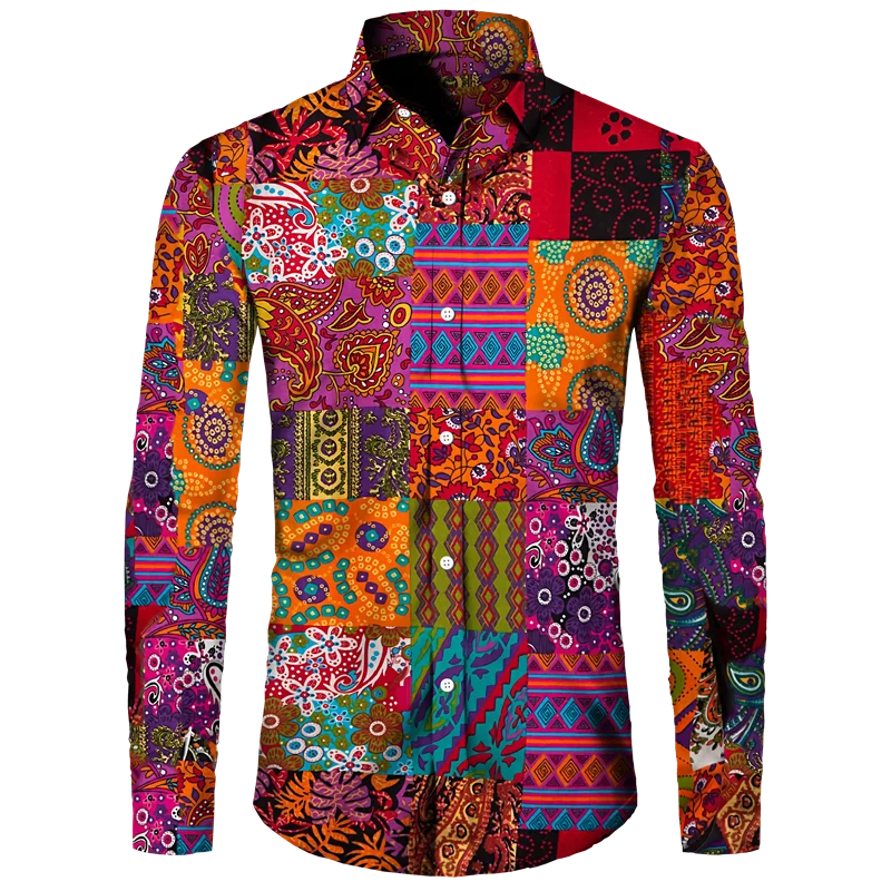 Men's Long Sleeved Button Up Shirt Autumn Comfortable Lapel Shirt Retro Ethnic Style Mens Long Sleeved Trend Street Men Clothing