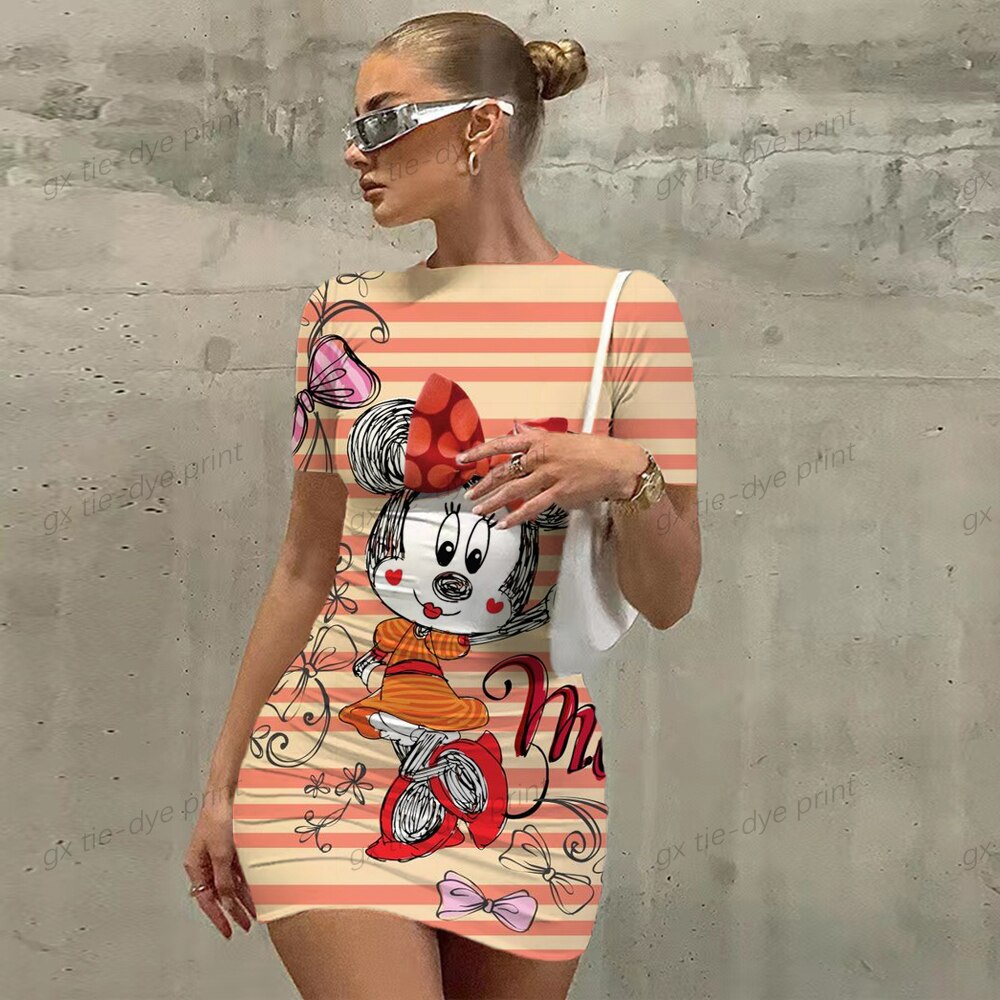 Disney Mickey Mouse Print Bodycon Dress - Women's Short Sleeve Club Party Dress