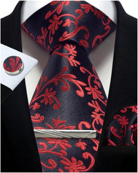 Mens Tie Set Silk Silver Paisley Floral Necktie and Pocket Square Cufflinks Tie Clip Classic Formal Ties for Men Wedding Party