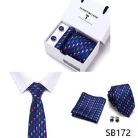 High Quality 7.5 cm Stripe Blue Tie Pocket Square Cufflinks Set For Men Gift Box Wedding Gravatas Fit Workplace