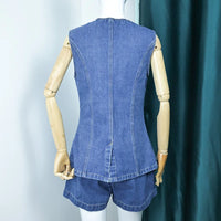 2026 Denim Shorts Suit Women Streetwear Outfits Distressed Top Sleeveless Round Collar Single Breasted Short Pants 2 Piece Sets