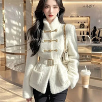 Winter Coat Women White Fashion Waistband Pocket Jacket Lambswool Coats Outwear 2025 Female Sense Design Keep Warm Overcoat