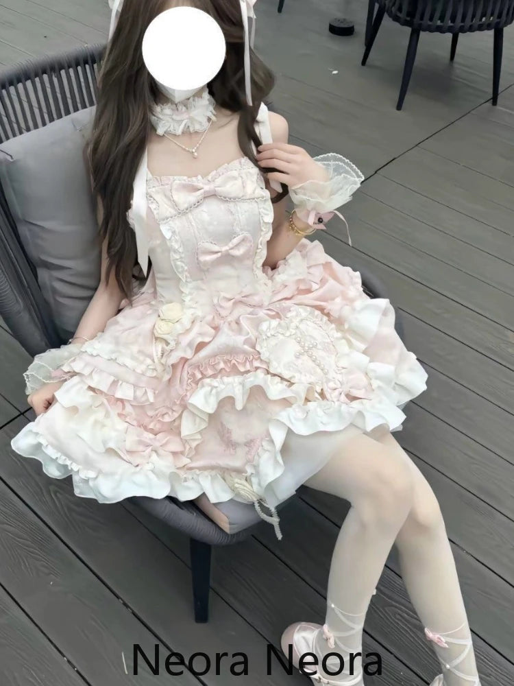 Lovely Kawaii Slash Neck Slim Lolita Dress Women Sweet Design Bow Off Shoulder Sling Dresses Elegant Cute Pretty New Clothing