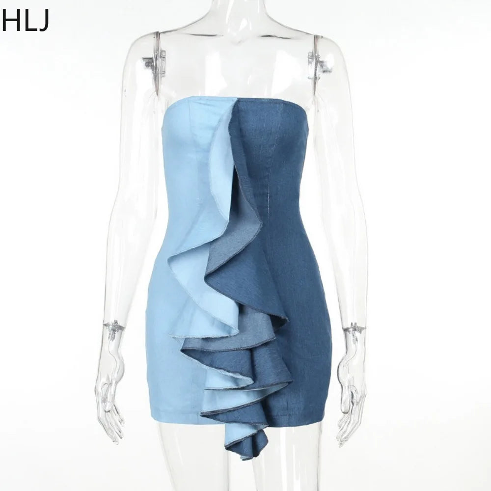 Fashion Denim Patchwork Ruffled Design Mini Dresses Women Off Shoulder Sleeveless Bodycon Vestidos Sexy Female Streetwear