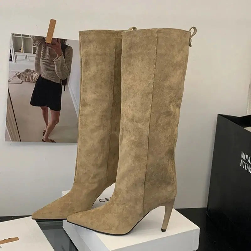 Brown Boots Knee High Long Shoes Woman Pointed Toe High Heels Suede Boots Autumn Winter Black Shoes 2025 New Arrival