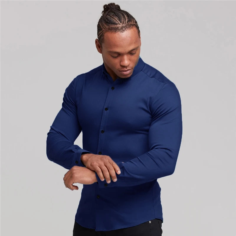 New Autumn Fashion Mens Solid Color Turn-down Collar Button Super Slim Fit Shirts Spring Long Sleeve Business Dress Shirt