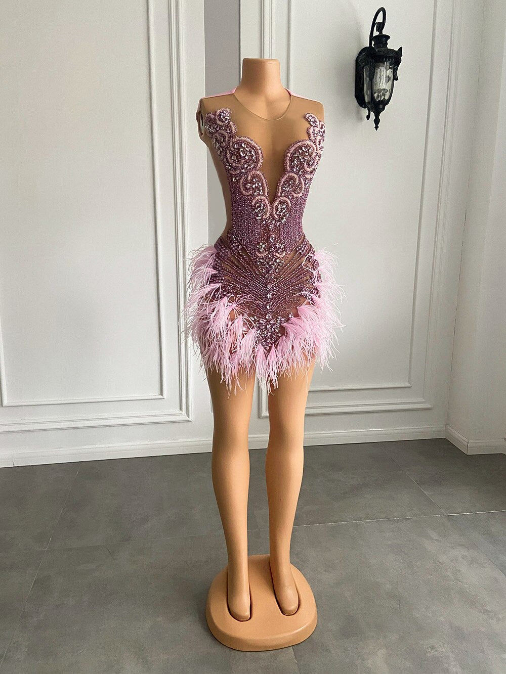 Luxury Sexy See Through Beaded  Crystals Birthday Party Short Prom Dress Feather African Women Pink Cocktail Dresses 2023