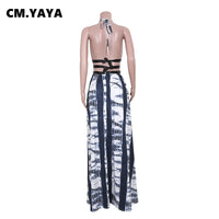 CM.YAYA Party Dress Women Print Sleeveless Halter Back Bandage Hollow Out Floor-length Dress Office Lady Elegant Dress Summer