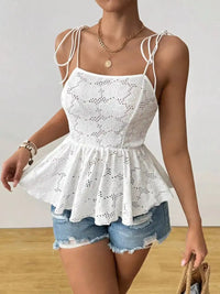 Women's Cami Top White Boho Eyelet Tank Top Strap Square Neck Peplum Hem Ruffle Spring Summer Casual Beach Vacation Blouse