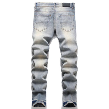 High Quality Men’s Slim-fit Blue Ripped Jeans,Light Luxury Embroidery Decorating Sexy Jeans,Stylish Street Fashion Jeans;