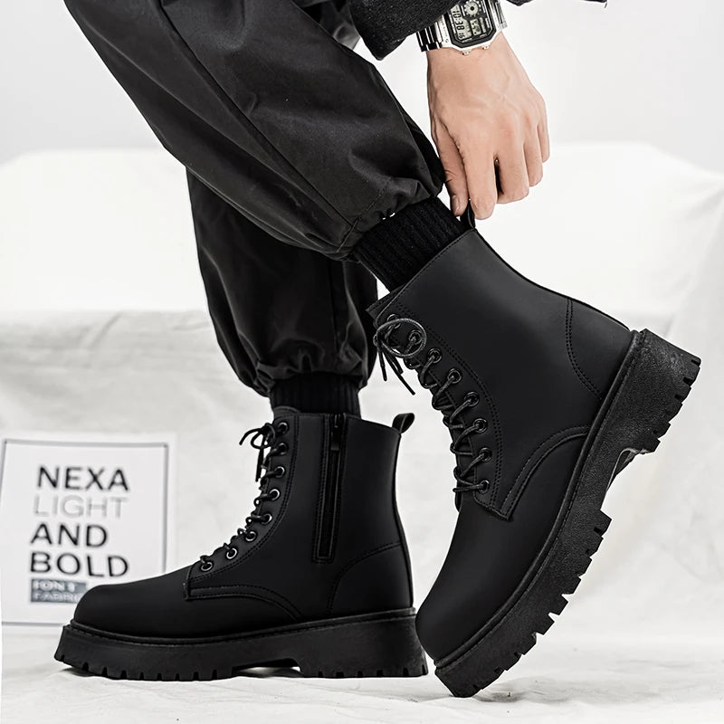 Men's High-top Boots, 2025 New Black British Windbreaker Workwear Boots, High-top Soft Leather Waterproof Casual Leather Boots