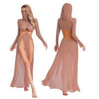Women Sheer Dress with Hooded Face Mask Maxi High Slit Sexy Mesh Dress Long Sleeves Hollow Out Sheer Dress Cover Up Swimwear
