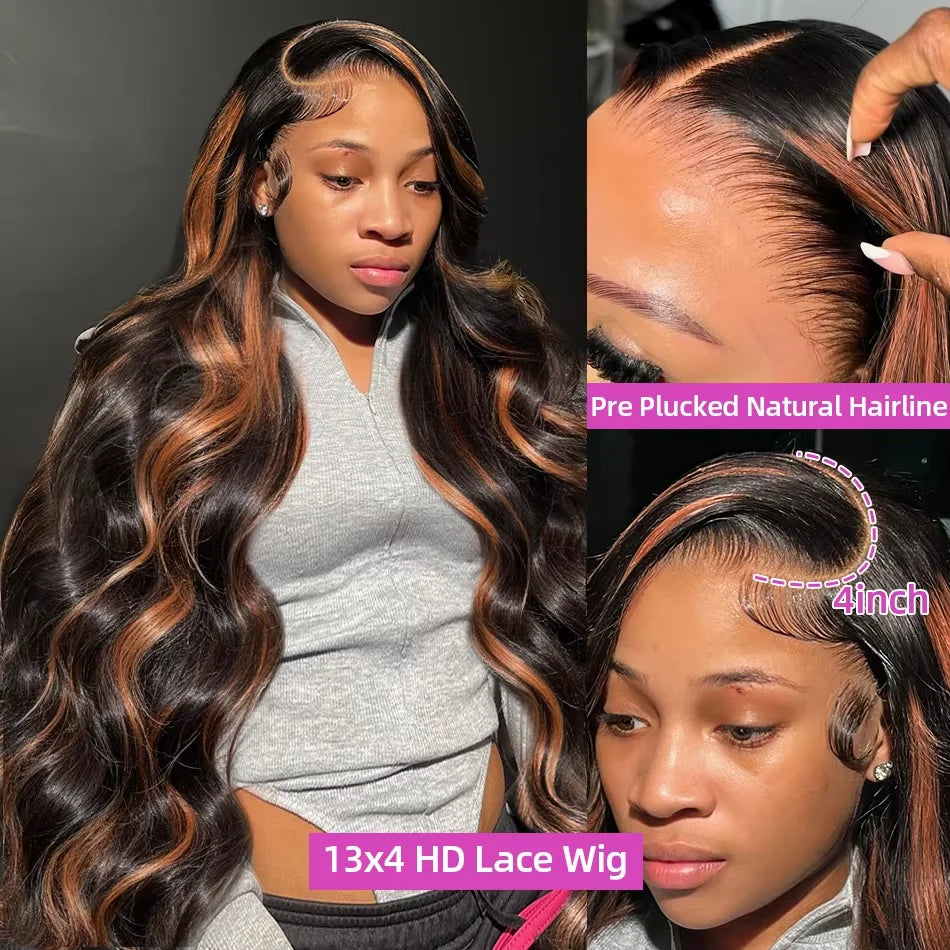 1B/30 Highlight 13x6 Lace Frontal Human Hair Wigs Ombre Black Brown Colored Preplucked 36Inch Body Wave Lace Front Wig For Women