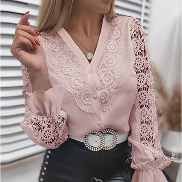 Shirts Elegant Office Ladies White Collared Lace Patchwork Hollow Out Button Up Womens Tops And Blouses 2022 Fashion New Blouse