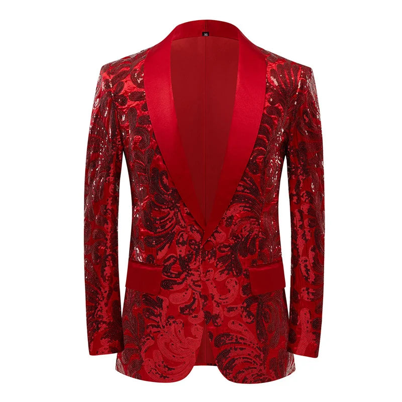 Red Sequin Blazer & Pants Set , Men's Shiny Party Outfit Suits for Weddings, Concerts & Festive Celebrations