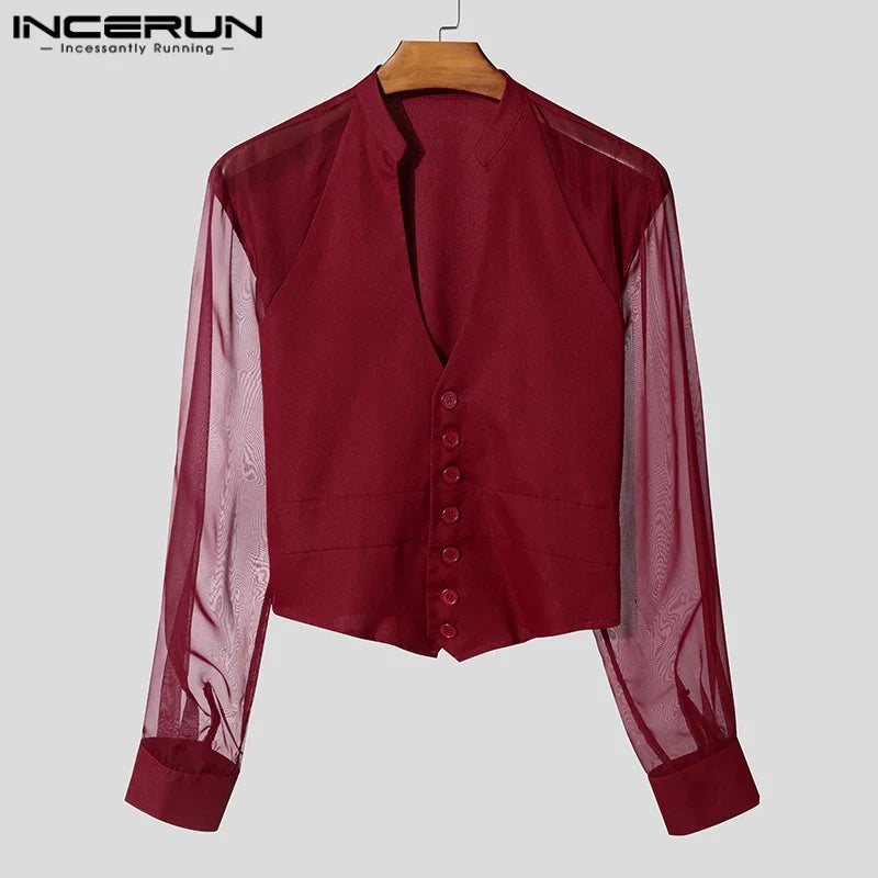 INCERUN Men Shirt Mesh Patchwork V Neck Long Sleeve Transparent Sexy Casual Male Shirts Streetwear Fashion Party Camisas 2025